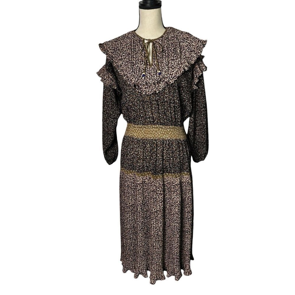 Diane‎ Fres Dress Maxi Boho Chic Brown Ruffle Tie at Neck Modest Farm House VTG